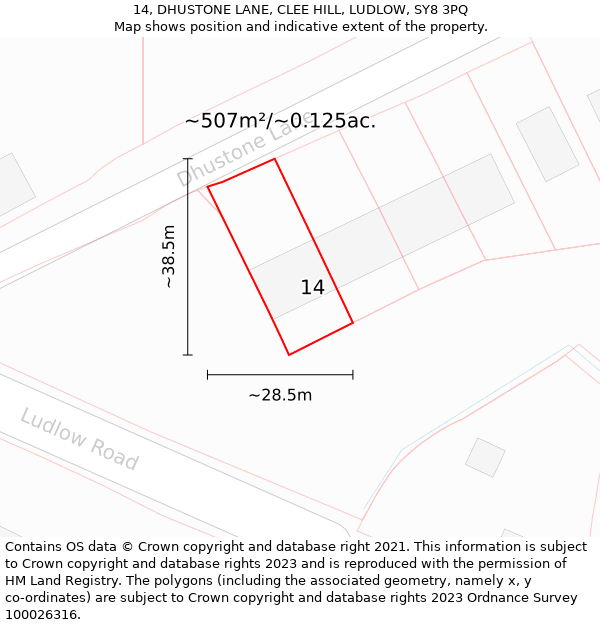 14, DHUSTONE LANE, CLEE HILL, LUDLOW, SY8 3PQ: Plot and title map