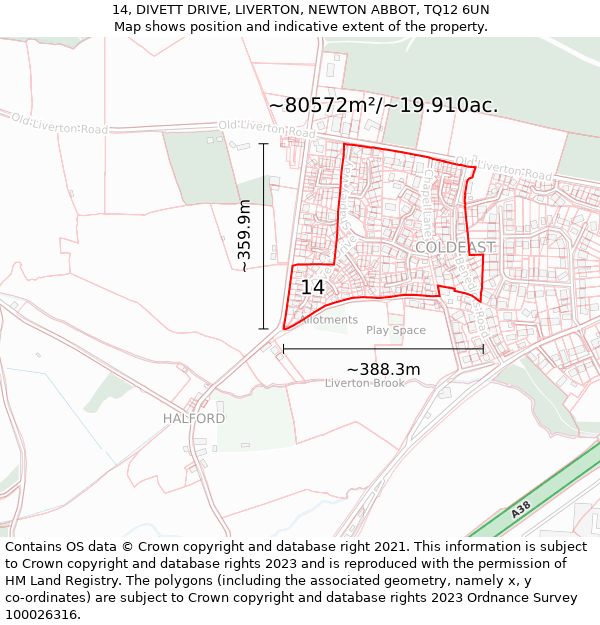 14, DIVETT DRIVE, LIVERTON, NEWTON ABBOT, TQ12 6UN: Plot and title map