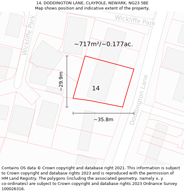 14, DODDINGTON LANE, CLAYPOLE, NEWARK, NG23 5BE: Plot and title map