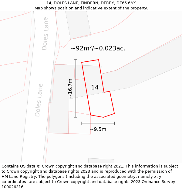 14, DOLES LANE, FINDERN, DERBY, DE65 6AX: Plot and title map