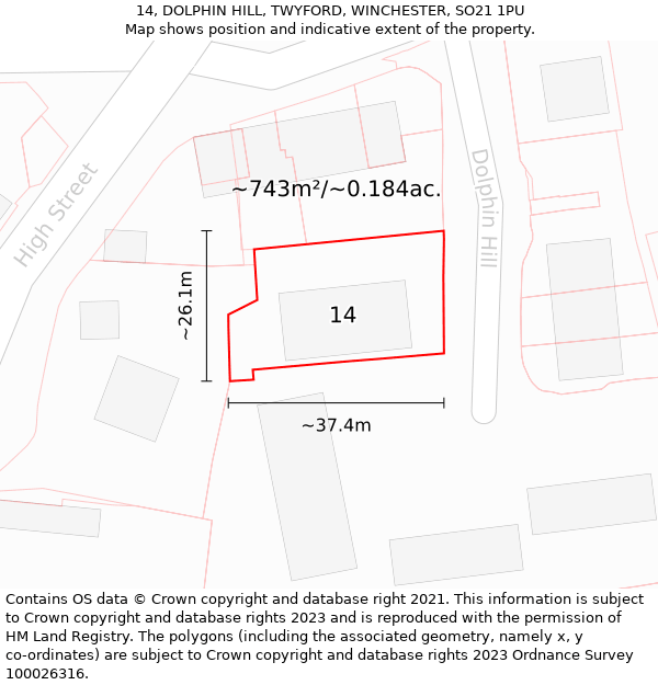 14, DOLPHIN HILL, TWYFORD, WINCHESTER, SO21 1PU: Plot and title map