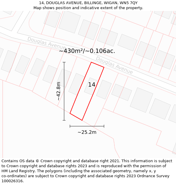 14, DOUGLAS AVENUE, BILLINGE, WIGAN, WN5 7QY: Plot and title map