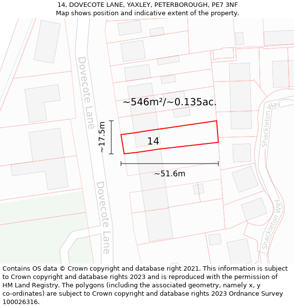 14, DOVECOTE LANE, YAXLEY, PETERBOROUGH, PE7 3NF: Plot and title map