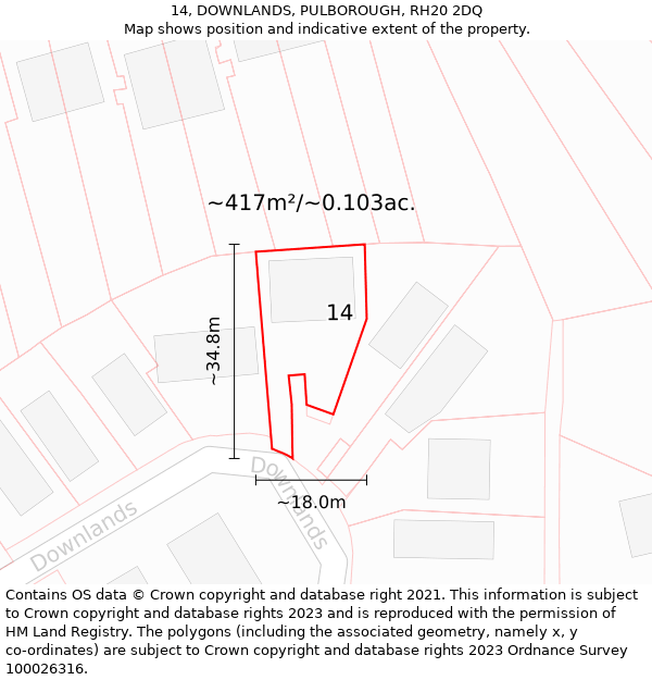 14, DOWNLANDS, PULBOROUGH, RH20 2DQ: Plot and title map