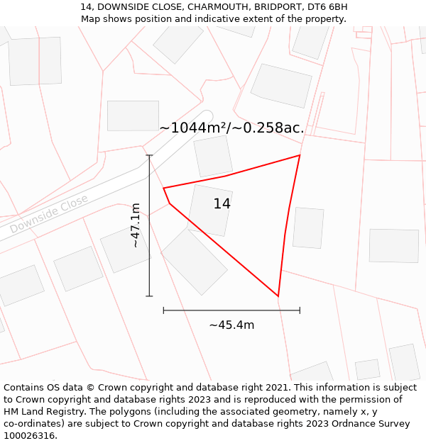 14, DOWNSIDE CLOSE, CHARMOUTH, BRIDPORT, DT6 6BH: Plot and title map