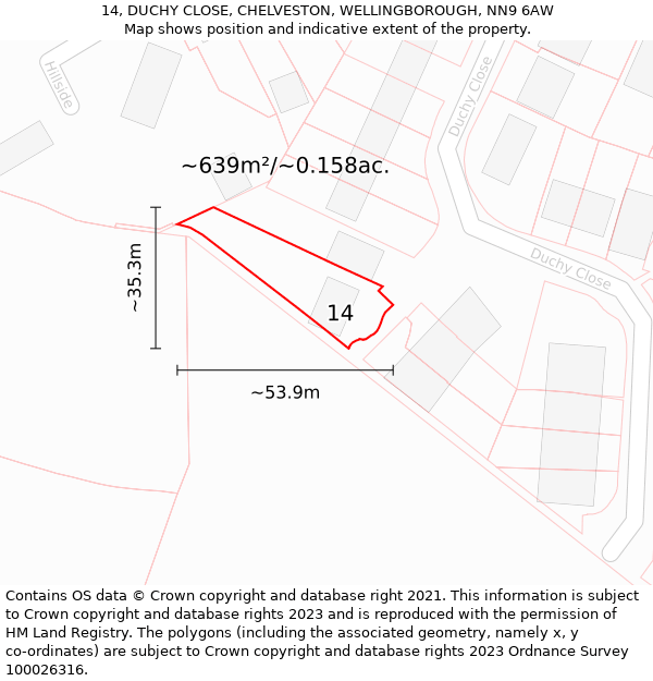 14, DUCHY CLOSE, CHELVESTON, WELLINGBOROUGH, NN9 6AW: Plot and title map