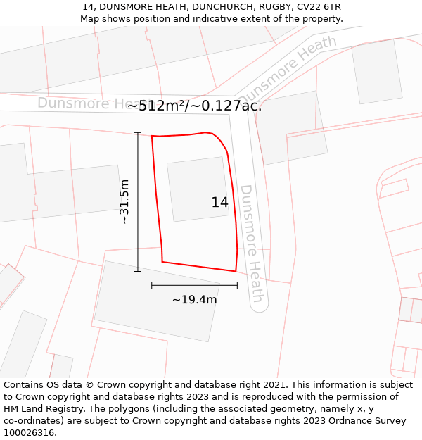 14, DUNSMORE HEATH, DUNCHURCH, RUGBY, CV22 6TR: Plot and title map