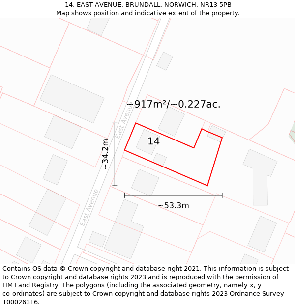 14, EAST AVENUE, BRUNDALL, NORWICH, NR13 5PB: Plot and title map