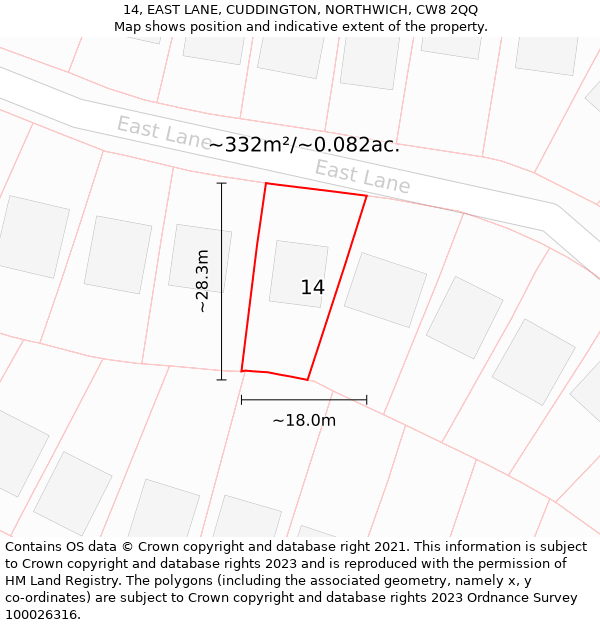 14, EAST LANE, CUDDINGTON, NORTHWICH, CW8 2QQ: Plot and title map