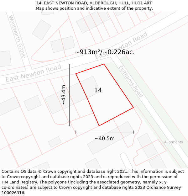 14, EAST NEWTON ROAD, ALDBROUGH, HULL, HU11 4RT: Plot and title map