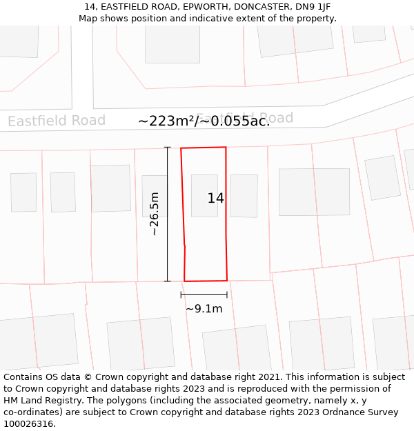 14, EASTFIELD ROAD, EPWORTH, DONCASTER, DN9 1JF: Plot and title map