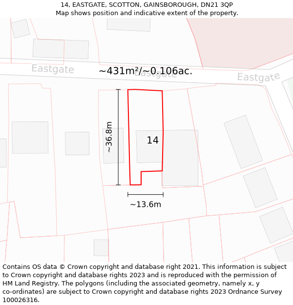 14, EASTGATE, SCOTTON, GAINSBOROUGH, DN21 3QP: Plot and title map