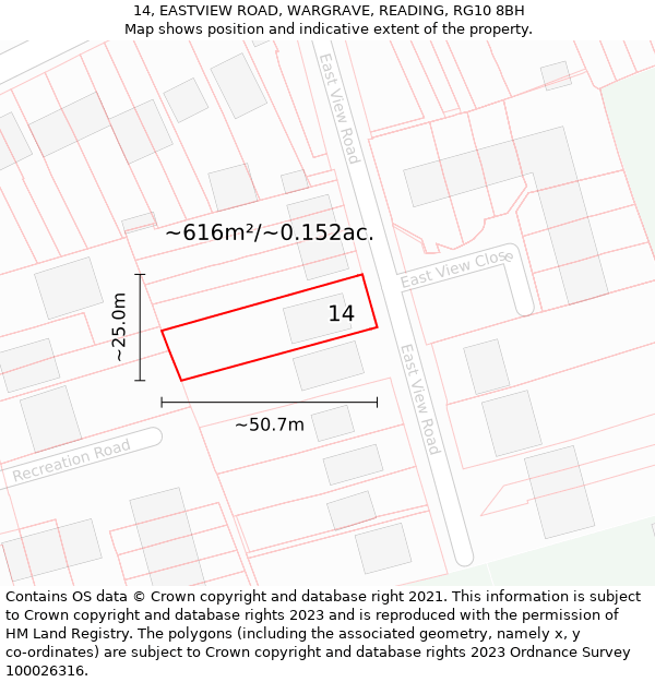 14, EASTVIEW ROAD, WARGRAVE, READING, RG10 8BH: Plot and title map