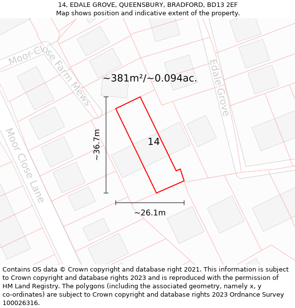 14, EDALE GROVE, QUEENSBURY, BRADFORD, BD13 2EF: Plot and title map