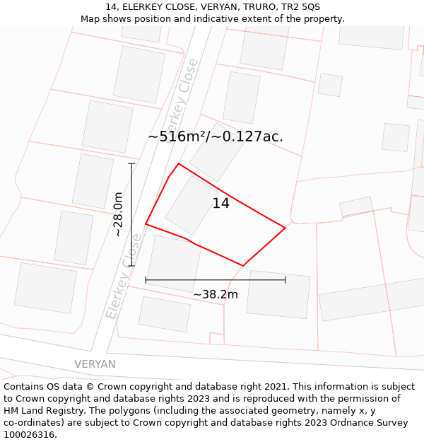 14, ELERKEY CLOSE, VERYAN, TRURO, TR2 5QS: Plot and title map