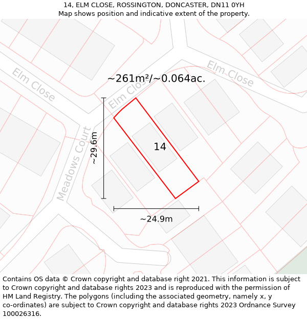 14, ELM CLOSE, ROSSINGTON, DONCASTER, DN11 0YH: Plot and title map