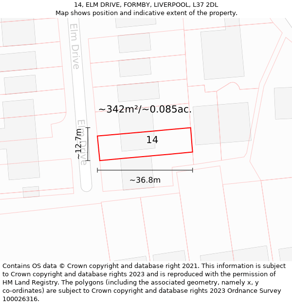 14, ELM DRIVE, FORMBY, LIVERPOOL, L37 2DL: Plot and title map