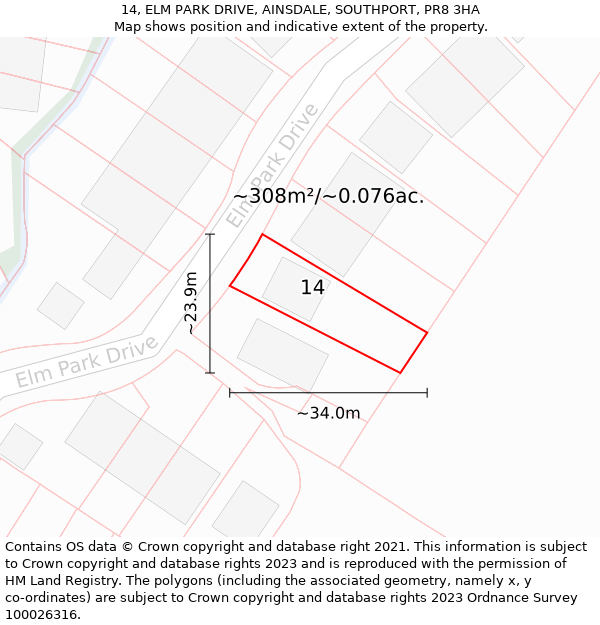 14, ELM PARK DRIVE, AINSDALE, SOUTHPORT, PR8 3HA: Plot and title map