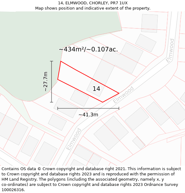 14, ELMWOOD, CHORLEY, PR7 1UX: Plot and title map