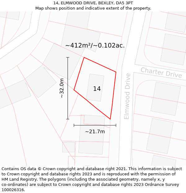 14, ELMWOOD DRIVE, BEXLEY, DA5 3PT: Plot and title map