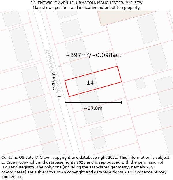 14, ENTWISLE AVENUE, URMSTON, MANCHESTER, M41 5TW: Plot and title map