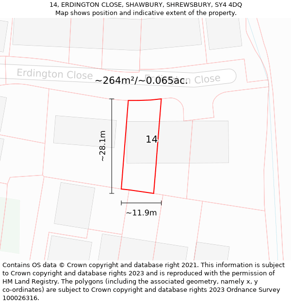 14, ERDINGTON CLOSE, SHAWBURY, SHREWSBURY, SY4 4DQ: Plot and title map