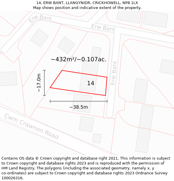 14, ERW BANT, LLANGYNIDR, CRICKHOWELL, NP8 1LX: Plot and title map
