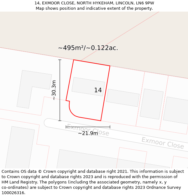 14, EXMOOR CLOSE, NORTH HYKEHAM, LINCOLN, LN6 9PW: Plot and title map