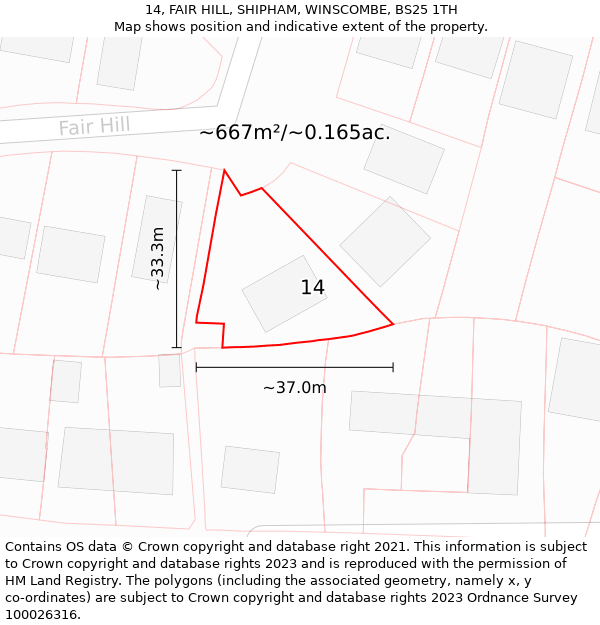 14, FAIR HILL, SHIPHAM, WINSCOMBE, BS25 1TH: Plot and title map