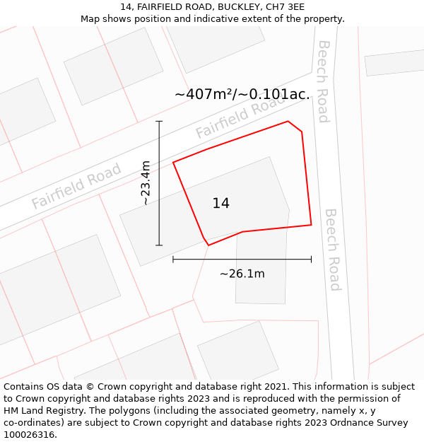 14, FAIRFIELD ROAD, BUCKLEY, CH7 3EE: Plot and title map