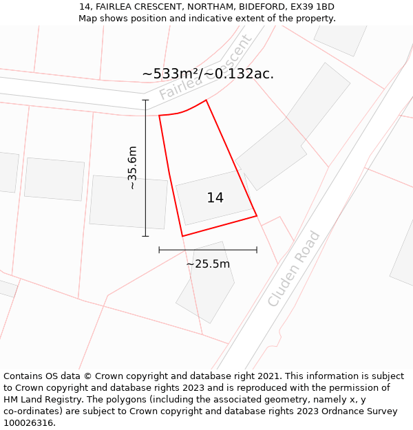 14, FAIRLEA CRESCENT, NORTHAM, BIDEFORD, EX39 1BD: Plot and title map