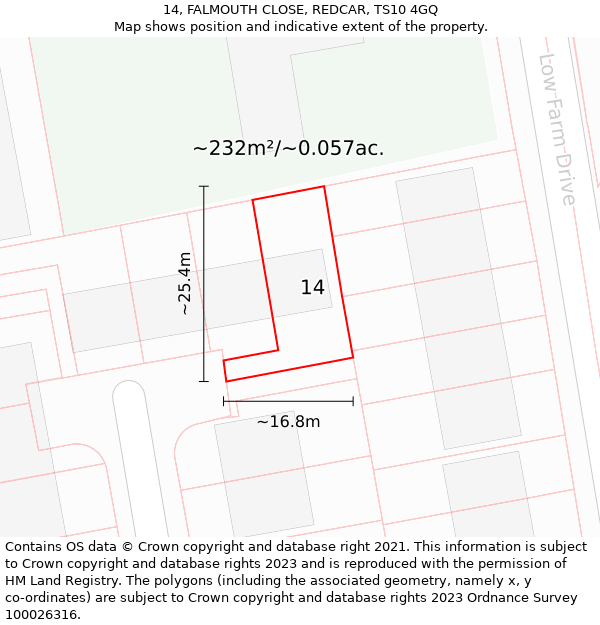 14, FALMOUTH CLOSE, REDCAR, TS10 4GQ: Plot and title map