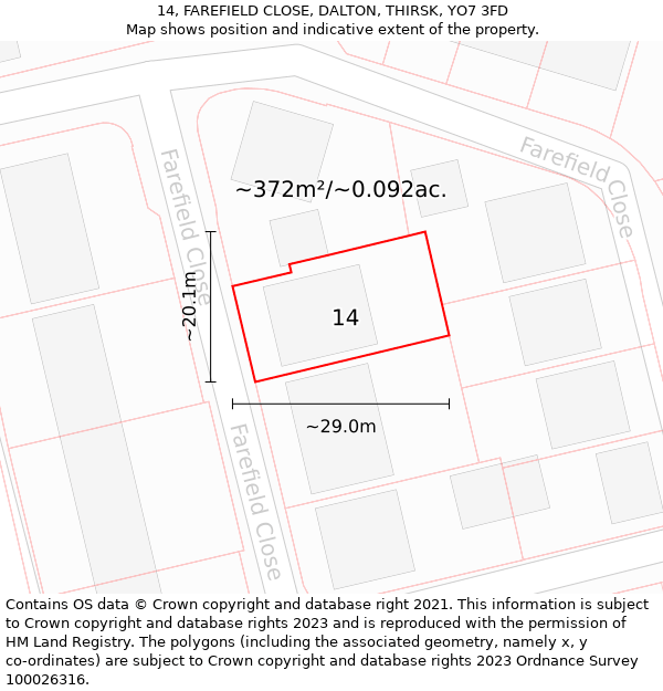 14, FAREFIELD CLOSE, DALTON, THIRSK, YO7 3FD: Plot and title map