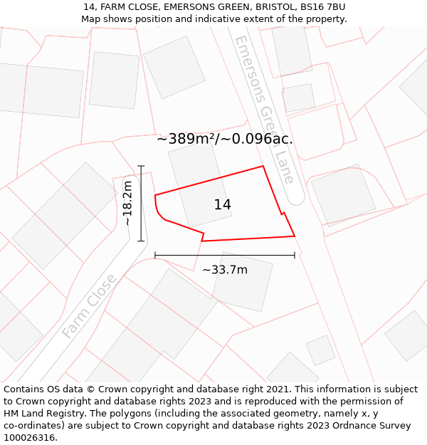 14, FARM CLOSE, EMERSONS GREEN, BRISTOL, BS16 7BU: Plot and title map