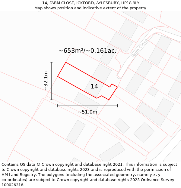 14, FARM CLOSE, ICKFORD, AYLESBURY, HP18 9LY: Plot and title map