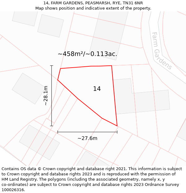 14, FARM GARDENS, PEASMARSH, RYE, TN31 6NR: Plot and title map