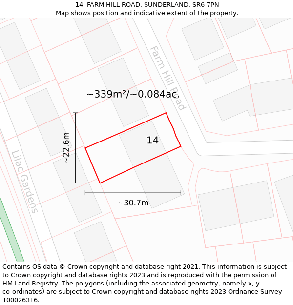 14, FARM HILL ROAD, SUNDERLAND, SR6 7PN: Plot and title map