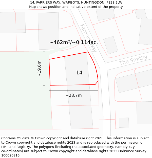14, FARRIERS WAY, WARBOYS, HUNTINGDON, PE28 2LW: Plot and title map