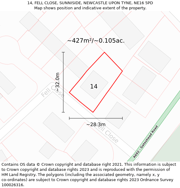 14, FELL CLOSE, SUNNISIDE, NEWCASTLE UPON TYNE, NE16 5PD: Plot and title map