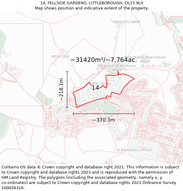 14, FELLSIDE GARDENS, LITTLEBOROUGH, OL15 9LX: Plot and title map
