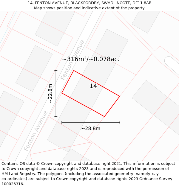 14, FENTON AVENUE, BLACKFORDBY, SWADLINCOTE, DE11 8AR: Plot and title map