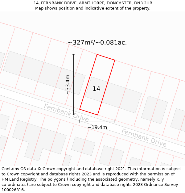 14, FERNBANK DRIVE, ARMTHORPE, DONCASTER, DN3 2HB: Plot and title map