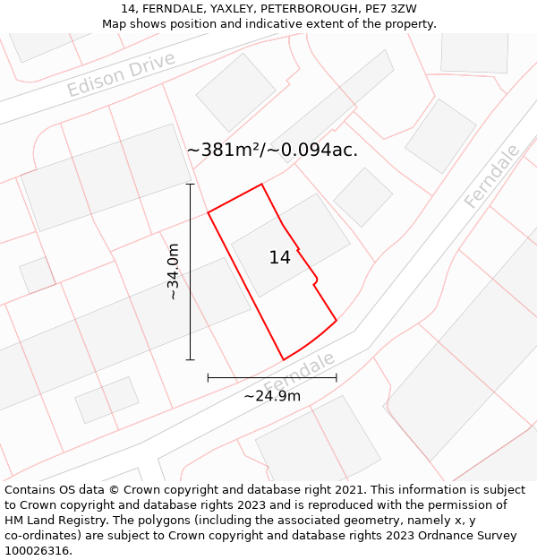 14, FERNDALE, YAXLEY, PETERBOROUGH, PE7 3ZW: Plot and title map