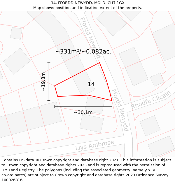 14, FFORDD NEWYDD, MOLD, CH7 1GX: Plot and title map