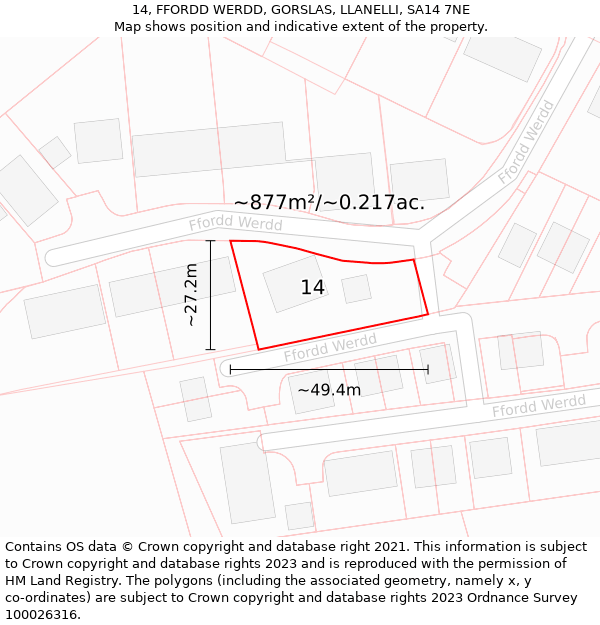 14, FFORDD WERDD, GORSLAS, LLANELLI, SA14 7NE: Plot and title map