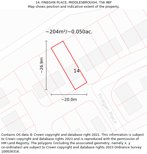 14, FINEGAN PLACE, MIDDLESBROUGH, TS6 9BF: Plot and title map