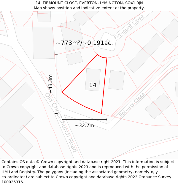 14, FIRMOUNT CLOSE, EVERTON, LYMINGTON, SO41 0JN: Plot and title map