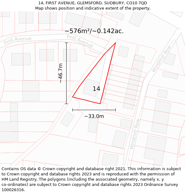 14, FIRST AVENUE, GLEMSFORD, SUDBURY, CO10 7QD: Plot and title map