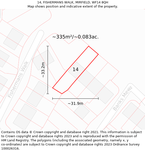 14, FISHERMANS WALK, MIRFIELD, WF14 8QH: Plot and title map