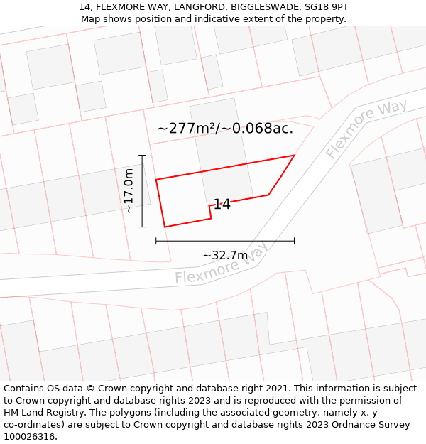 14, FLEXMORE WAY, LANGFORD, BIGGLESWADE, SG18 9PT: Plot and title map